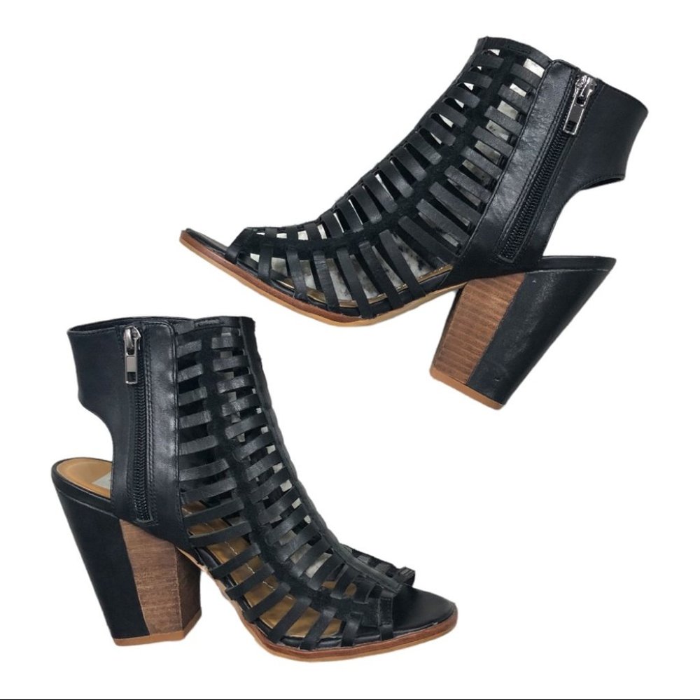DV Dolce Vita • Pinko Black Cage Black Leather with Brown Block Heel